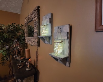 Candelabros, decoración rústica del hogar, decoración de cabañas de troncos, porta tarros de cristal, decoración de granja, estantes, regalo de inauguración de la casa, hecho a mano, decoración de pared