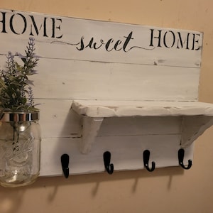 Home Sweet Home, Rustic shelf, Home Decor, Wall Decor, wall shelf, Rustic Key Holder, House warming, Farmhouse decor, Entry way shelf image 2