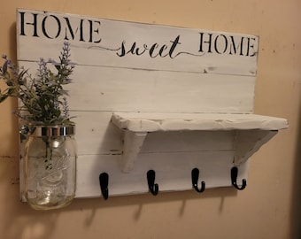 Home Sweet Home, Rustic shelf, Home Decor, Wall Decor, wall shelf, Rustic Key Holder, New Home gift, Farmhouse decor, Entry way shelf