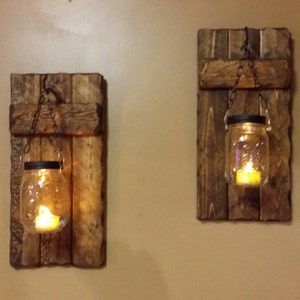 Wood Sconce, Rustic Home Decor ,Rustic candle holder, Rustic Lantern, Mason Jar candle, Candle holde as a set, Farmhouse decor, gift zdjęcie 3
