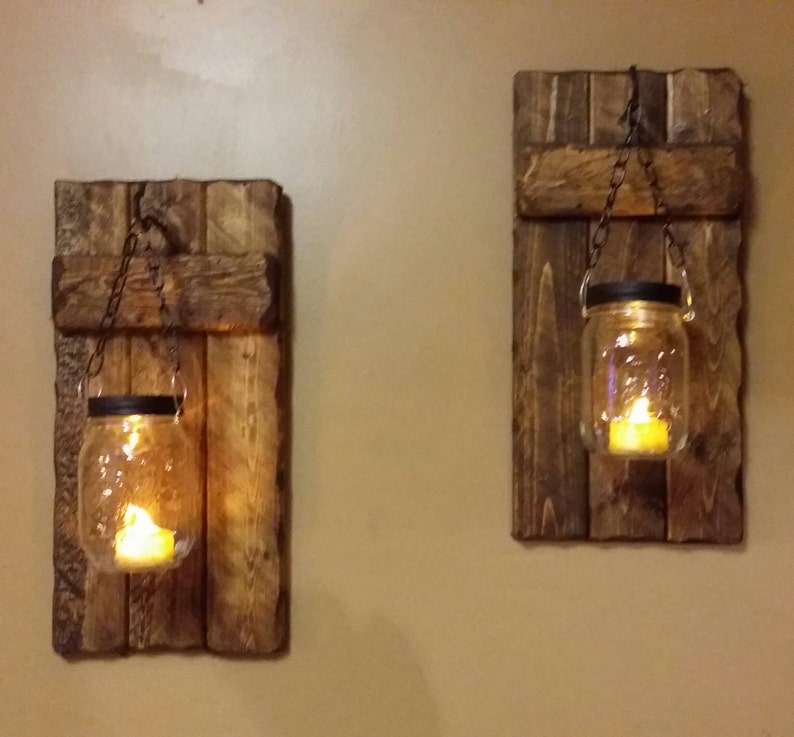 Wood Sconce, Rustic Home Decor ,Rustic candle holder, Rustic Lantern, Mason Jar candle, Candle holde as a set, Farmhouse decor, gift zdjęcie 3