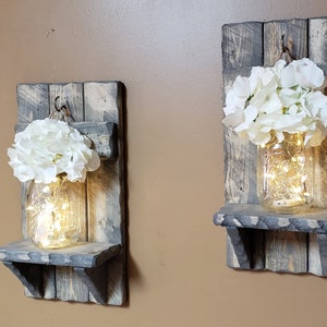 Rustic Home Decor, sconces, Valentine gift, Farmhouse Decor, Set of Sconces, Candle holders, Lighted Jars, Gift, Set of 2, Rustic Decor image 2