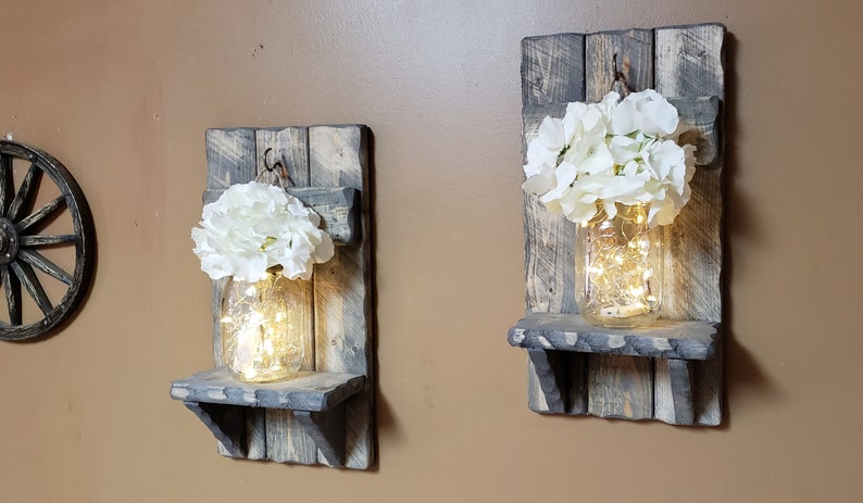 Rustic Home Decor, sconces, Valentine gift, Farmhouse Decor, Set of Sconces, Candle holders, Lighted Jars, Gift, Set of 2, Rustic Decor image 2