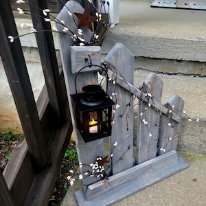 Farmhouse Decor ,Primitive decor, Rustic picket fence,  lantern, cottage decor, country decor, Housewarming gift, Rustic Decor, Unique Decor