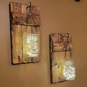 Rustic Home Decor, candle holders, Rustic Decor, hanging jars With Lights, Farmhouse Decor, Rustic sconces , Set of Sconces image 1