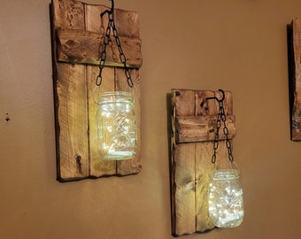 Rustic Home Decor, candle holders, Rustic  Decor, hanging jars With Lights, Farmhouse Decor, Rustic sconces , Set of Sconces
