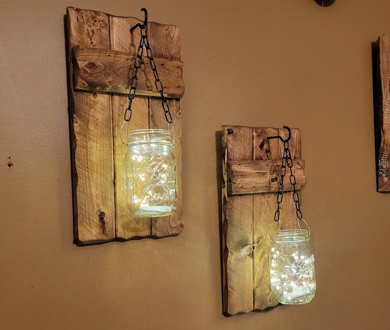 Rustic Home Decor, candle holders, Rustic Decor, hanging jars With Lights, Farmhouse Decor, Rustic sconces , Set of Sconces image 1