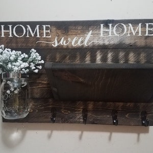 Farmhouse decor, Key Rack, Rustic Decor, Wood Decor, Home Sweet Home Sign, Mail Holder, House warming, Coat rack, Gift