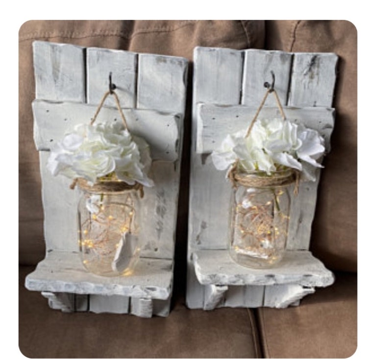 Rustic Home Decor, sconces, Valentine gift, Farmhouse Decor, Set of Sconces, Candle holders, Lighted Jars, Gift, Set of 2, Rustic Decor image 7