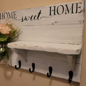 Home Sweet Home, Rustic shelf, Home Decor, Wall Decor, wall shelf, Rustic Key Holder, House warming, Farmhouse decor, Entry way shelf image 1