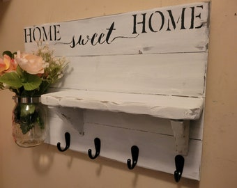 Home Sweet Home, Rustic shelf, Home Decor, Wall Decor, wall shelf, Rustic Key Holder, House warming, Farmhouse decor, Entry way shelf