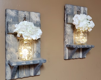 Rustic Home Decor, sconces, Valentine gift, Farmhouse Decor, Set of Sconces, Candle holders, Lighted  Jars, Gift, Set of 2, Rustic Decor