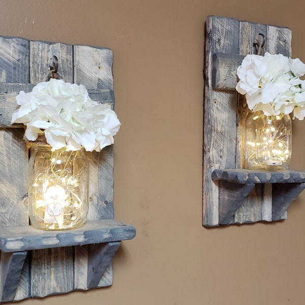 Rustic Home Decor, sconces, Valentine gift, Farmhouse Decor, Set of Sconces, Candle holders, Lighted  Jars, Gift, Set of 2, Rustic Decor