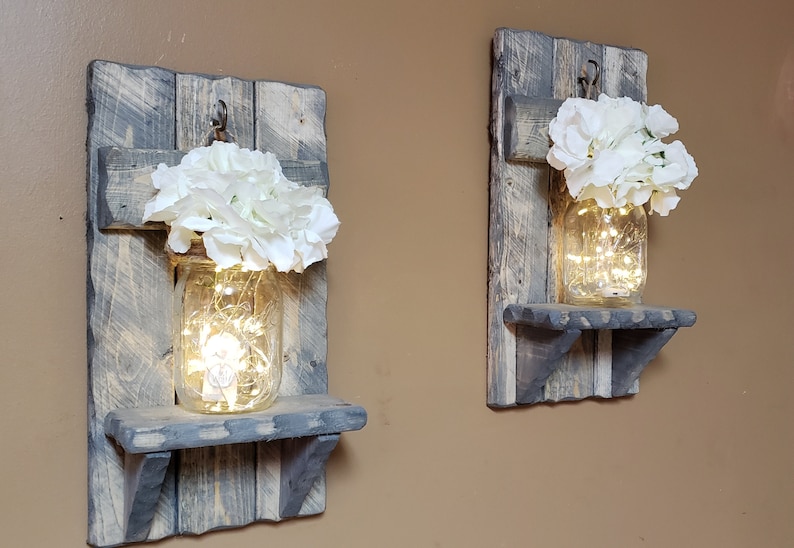 Rustic Home Decor, sconces, Valentine gift, Farmhouse Decor, Set of Sconces, Candle holders, Lighted Jars, Gift, Set of 2, Rustic Decor image 1