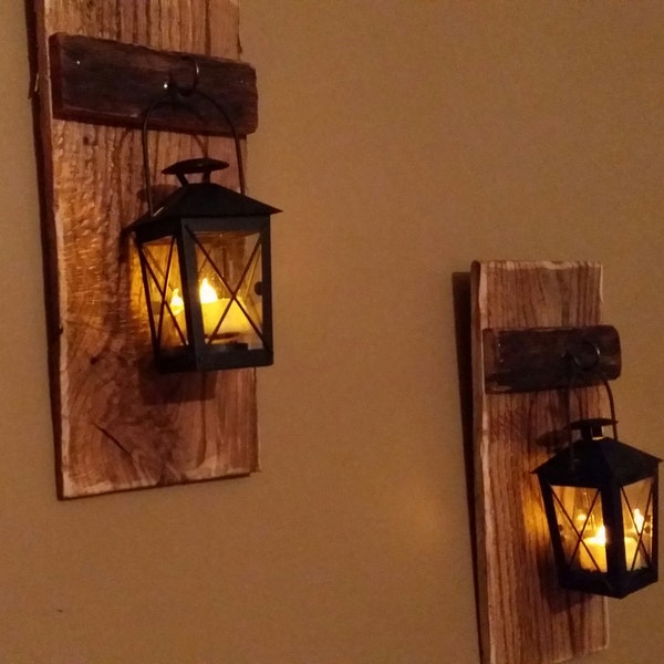 Rustic wood candle holder with lantern,12" x 5" wood sconce, pallet decor, candle holder, hanging lantern price is for 1 Each