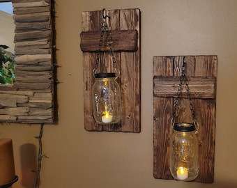 Rustic  home Decor, Candle Holders, set of 2  Quart mason jar Sconces, Rustic Mason Jar wood candle,  Farmhouse decor, Set 9 x 18