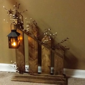 Farmhouse Decor ,Primitive decor, Rustic picket fence, lantern, cottage decor, country decor, Housewarming gift, Rustic Decor, Unique Decor image 1