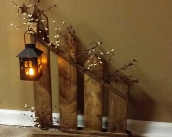 Farmhouse Decor ,Primitive decor, Rustic picket fence,  lantern, cottage decor, country decor, Housewarming gift, Rustic Decor, Unique Decor