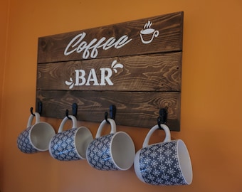 Colgador de tazas de café, decoración de cocina, estación de café, decoración rústica, inauguración de la casa, regalo para anfitriona, casa de campo, cafetería