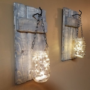 Rustic Home Decor, candle holders, Rustic Decor, hanging jars With Lights, Farmhouse Decor, Rustic sconces , Set of Sconces image 5