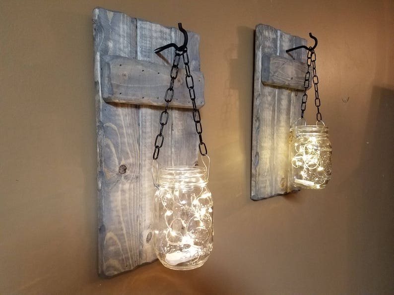 Rustic Home Decor, candle holders, Rustic Decor, hanging jars With Lights, Farmhouse Decor, Rustic sconces , Set of Sconces image 5