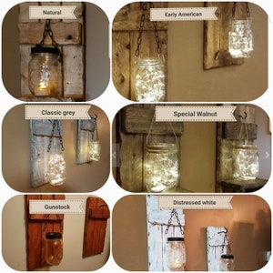 Pu&ograve; includere: Sei diverse applique da parete in legno con barattoli di vetro appesi a catene. I barattoli di vetro sono illuminati da luci a filo. Le finiture del legno sono: Naturale, Early American, Grigio Classico, Noce Speciale, Gunstock e Bianco Distressed.