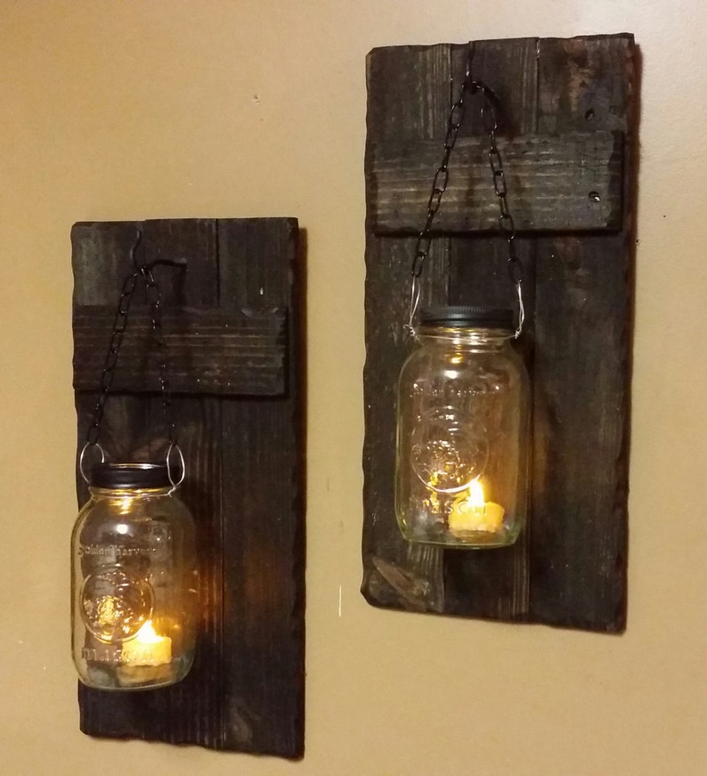 Rustic Decor Mason Jar Wood Candle Holders Set of 2 Quart Etsy
