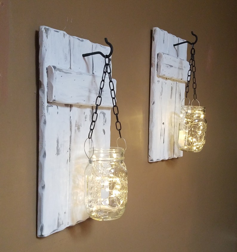 Rustic Home Decor, candle holders, Rustic Decor, hanging jars With Lights, Farmhouse Decor, Rustic sconces , Set of Sconces image 6