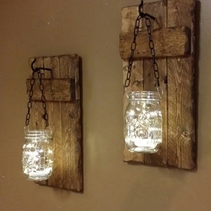Rustic Home Decor, candle holders, Rustic Decor, hanging jars With Lights, Farmhouse Decor, Rustic sconces , Set of Sconces image 3