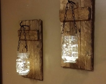 Rustic Home Decor,Candle holders, lanterns, Rustic Decor, hanging jars With Lights, sconces, Firefly lights, Rustic sconces set of 2.