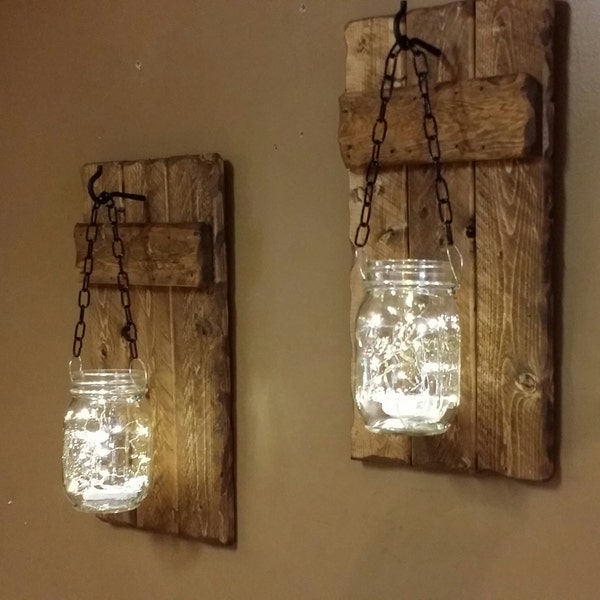 Rustic Home Decor, Candle holders, lanterns, Sconces, Country Home Decor,  Farmhouse decor,  Firefly lights, gift, Rustic sconces set of 2.