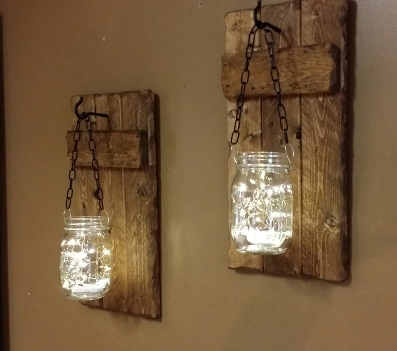 Rustic Home Decor, candle holders, Rustic Decor, hanging jars With Lights, Farmhouse Decor, Rustic sconces , Set of Sconces image 3