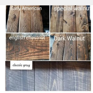 May include: Five wood samples stained in different colors: Early American, Special Walnut, English Chestnut, Dark Walnut, and Classic Gray.