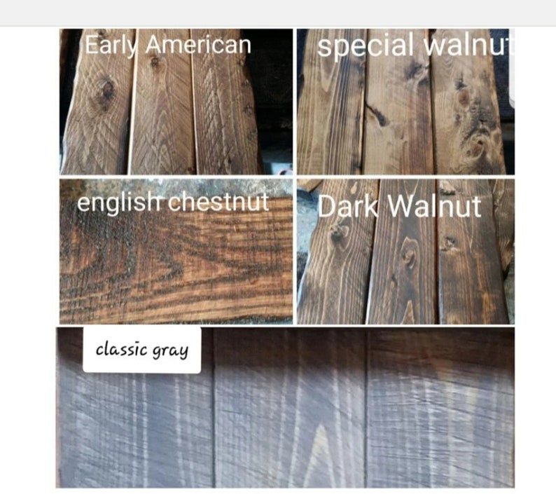 May include: Five wood samples stained in different colors: Early American, Special Walnut, English Chestnut, Dark Walnut, and Classic Gray.