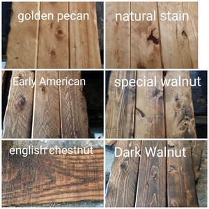 May include: Six wood samples stained in different colors: golden pecan, natural stain, early American, special walnut, english chestnut, and dark walnut.