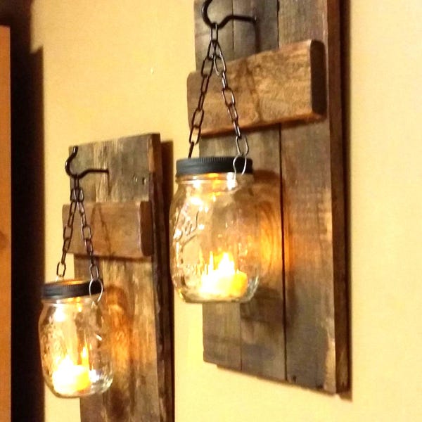 Rustic Reclaimed Wood Mason Jar Sconce Set, Battery Candles