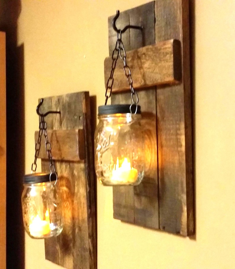 Rustic Candle Holder Set, Rustic Home Decor, Mason jar Candles, Log Cabin Decor, Sconces, Sold as a set of 2, Rustic Decor, gift