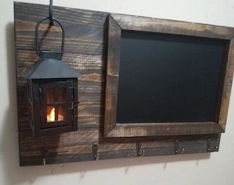 Rustic Wood Chalkboard Key Holder, Farmhouse Message Board with Lantern
