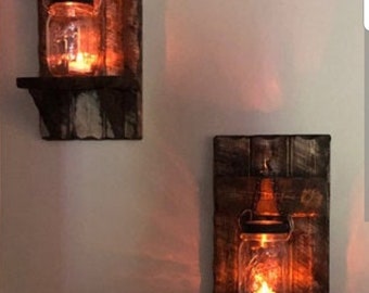 Rustic Candle Holder ,Rustic Home Decor, Mason jar candle holders,  Country Decor, lantern shelf,  wood candle , Sold as a Set of 2