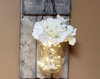 Rustic Home Decor, sconce, House warming gift, Farmhouse Decor, Sold 1 each, Candle holder, Lighted  Jar, cottage decor, living room decor