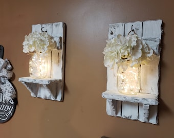 Farmhouse Decor, sconces, House warming, shelf Decor, Set of 2, Candle holders, Lighted  Jars, Gift, distressed shelf, Rustic decor, sconce