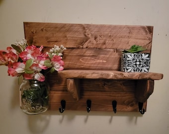 Estante para llaves, decoración de pared, decoración de granja, estante de madera con ganchos, decoración rústica del hogar, regalo para el hogar