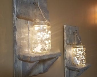 Rustic Decor, Mason Jar Decor, Sconces,  Set of 2 Sconces, House warming Gift, Mason Jar with lights, Firefly lights,  Farmhouse decor