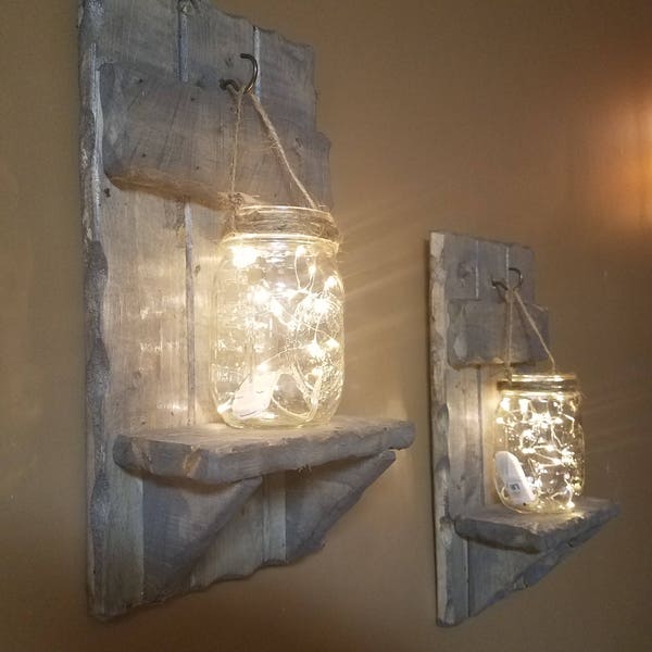 Rustic Decor, Mason Jar Decor, Sconces,  Set of 2 Sconces, House warming Gift, Mason Jar with lights, Firefly lights,  Farmhouse decor