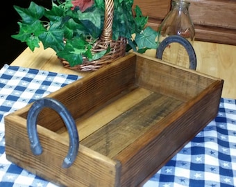 Rustic  Wooden Box ,Centerpiece with Horseshoe Handles