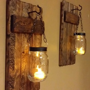 Wood Sconce, Rustic Home Decor ,Rustic candle holder, Rustic Lantern, Mason Jar candle, Candle holde as a set, Farmhouse decor, gift image 1