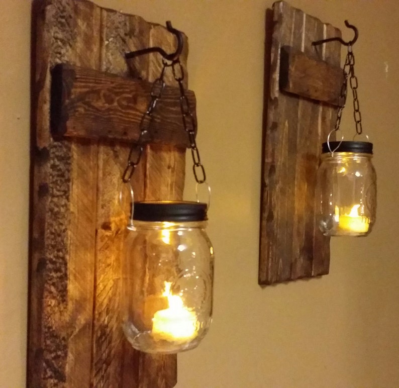 Wood Sconce, Rustic Home Decor ,Rustic candle holder, Rustic Lantern, Mason Jar candle, Candle holde as a set, Farmhouse decor, gift image 1