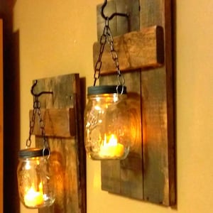 Reclaimed Wood Mason Jar Candle Sconce Set, Rustic Home Decor
