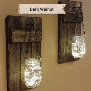 Rustic Home Decor, candle holders, Rustic Decor, hanging jars With Lights, Farmhouse Decor, Rustic sconces , Set of Sconces image 7