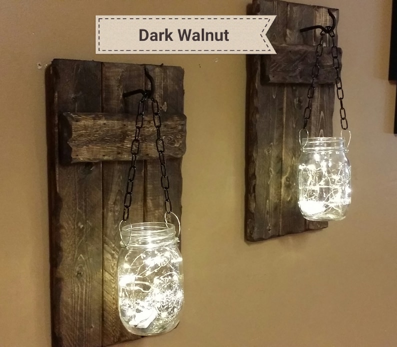 Rustic Home Decor, candle holders, Rustic Decor, hanging jars With Lights, Farmhouse Decor, Rustic sconces , Set of Sconces image 7